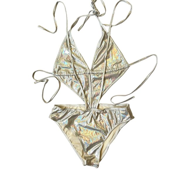 NWT Shein Hologram Tie Up  bodysuit Rave Festival Burning Man - Picture 4 of 10